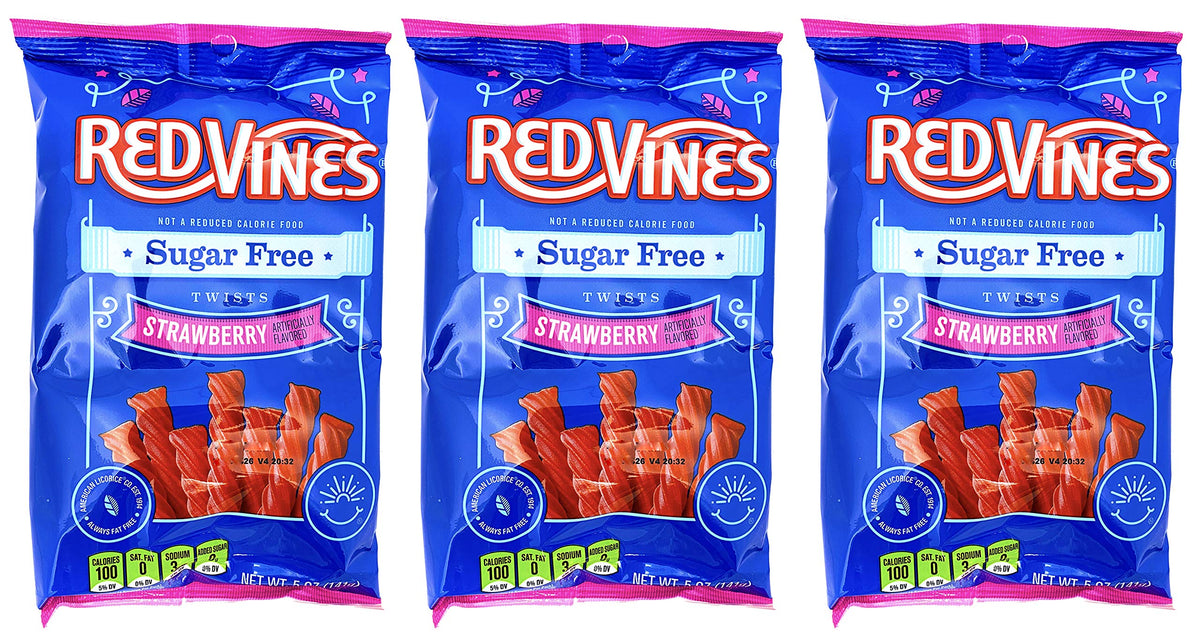 Licorice Sugar-Free Strawberry Twists pack with three sticks, ideal for portion control and gifting.