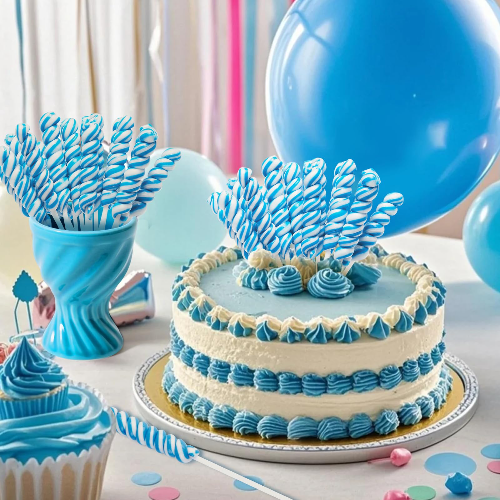 LIDATREE party favors display with blue twist lollipops for gifts.