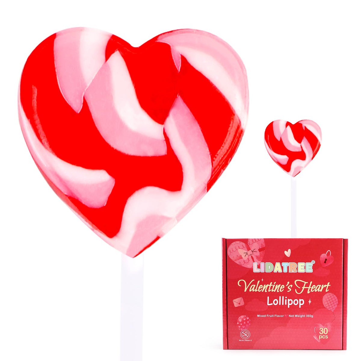 LIDATREE packaging highlights Valentine's Heart Lollipops, ready for gifting.