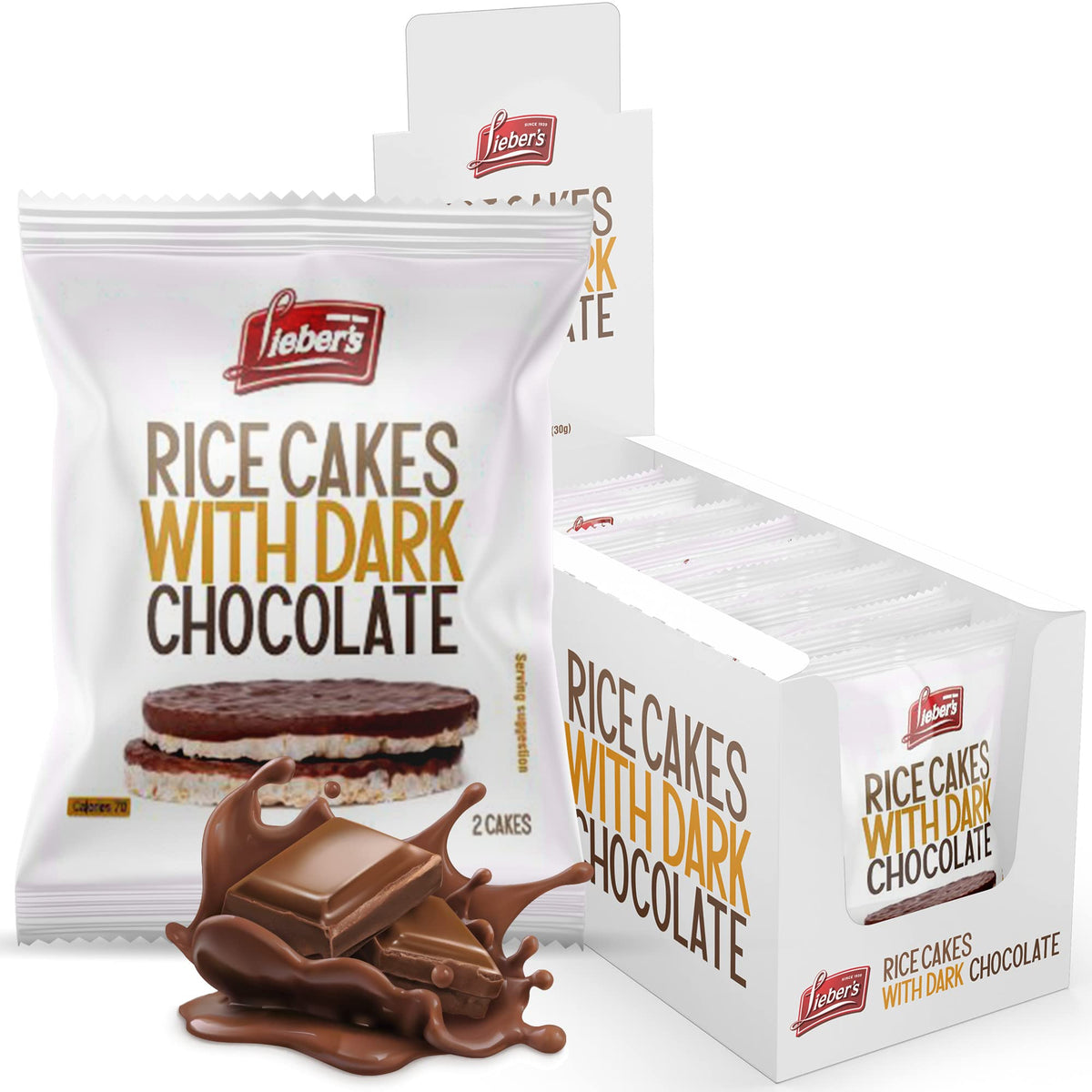 Lieber's dark chocolate rice cake pack on table, gluten-free snack option.