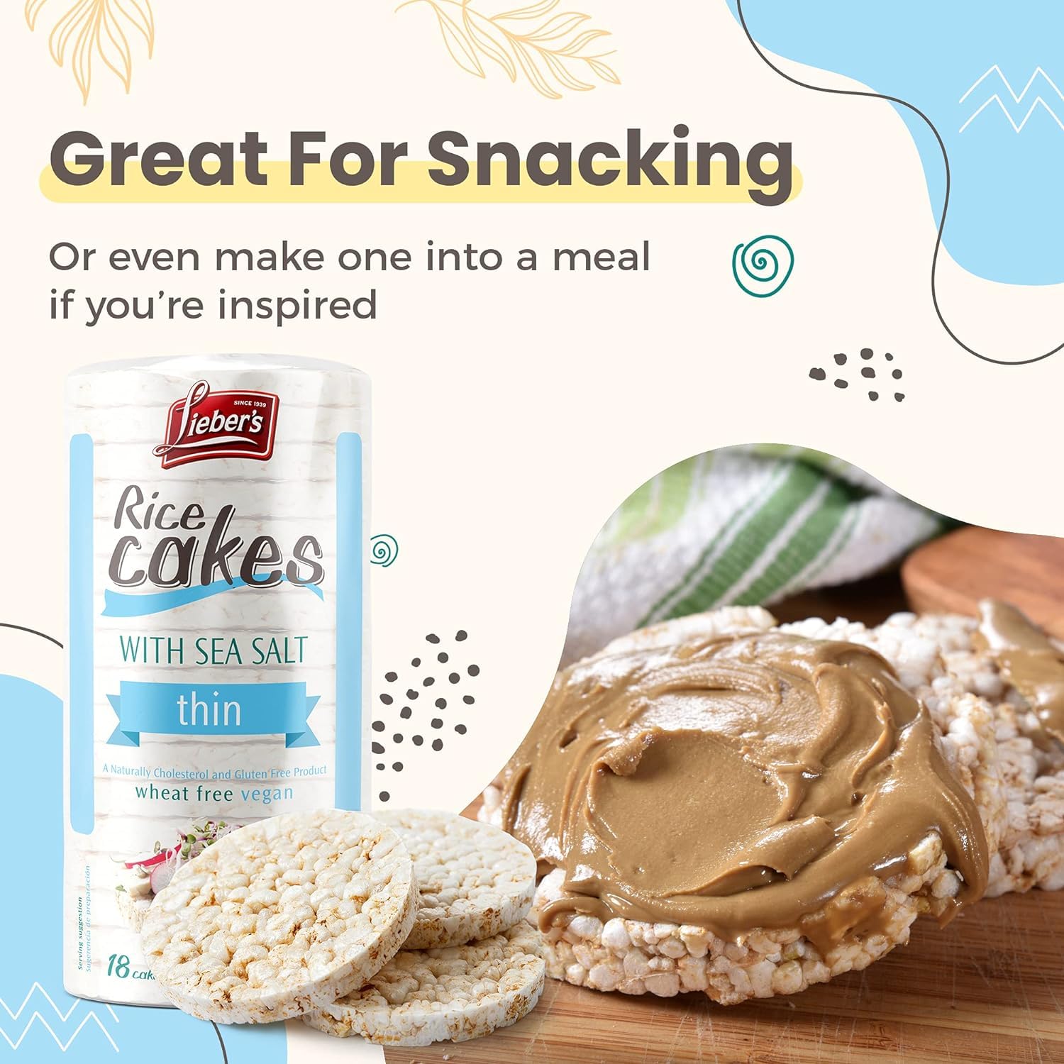 Lieber's Sea Salt Rice Cake on charcuterie board pairs with spreads and meats.