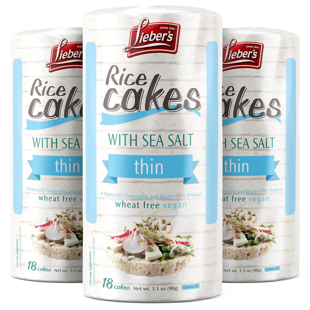 Lieber's Sea Salt Rice Cake pack shows light, gluten-free crunch for on-the-go snacking.