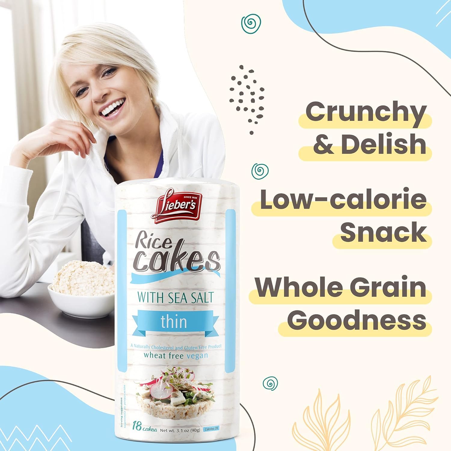 Lieber's Sea Salt Rice Cake with hummus demonstrates versatile dip-friendly snack.