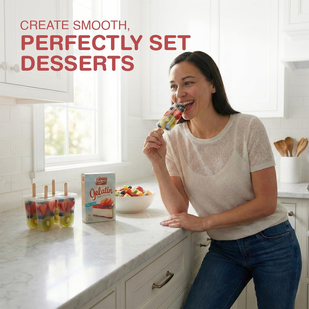 Lieber's sugar-free gelatin highlighting zero carbs and low calories