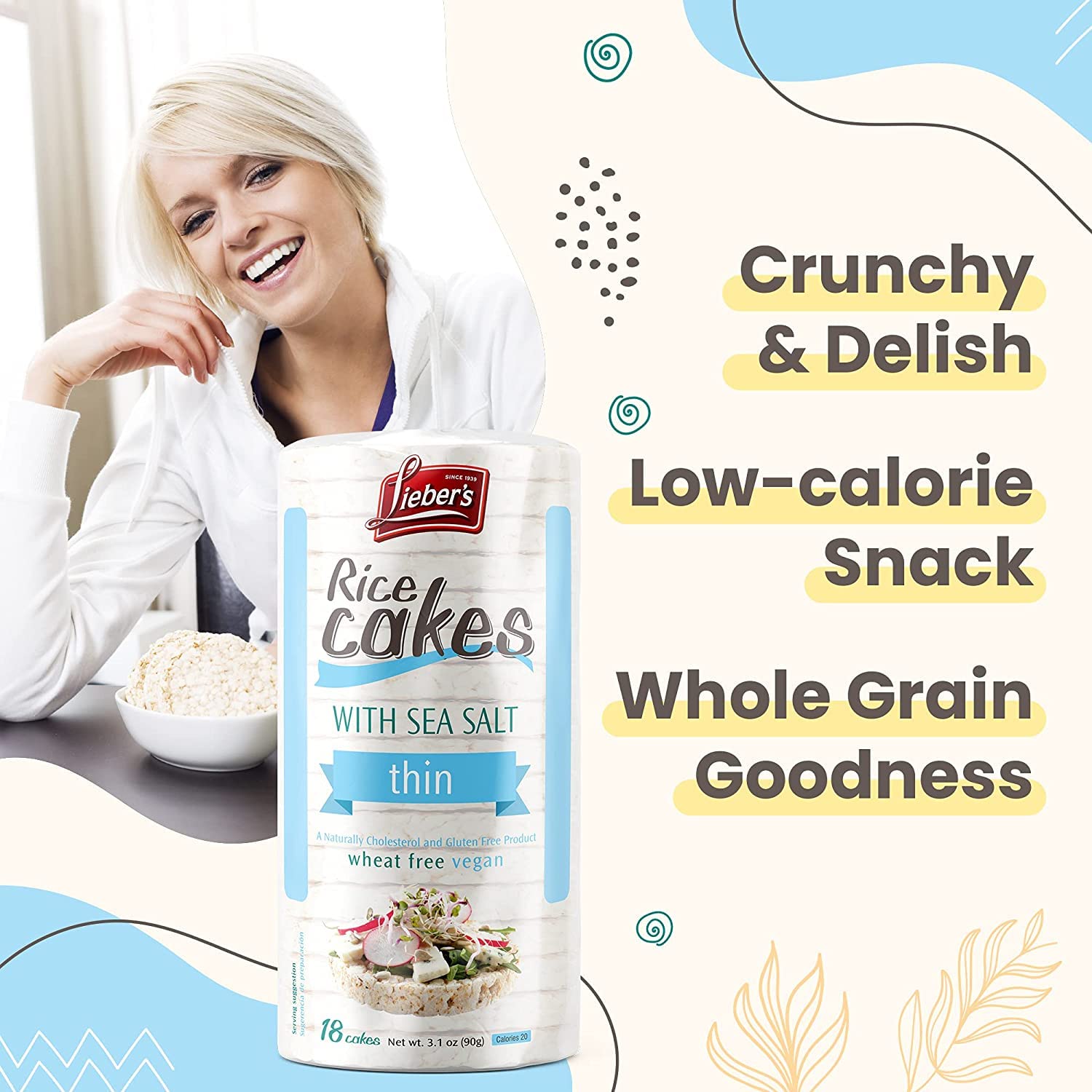 Lieber's Thin Rice Cakes gluten free pack highlights dietary flexibility.