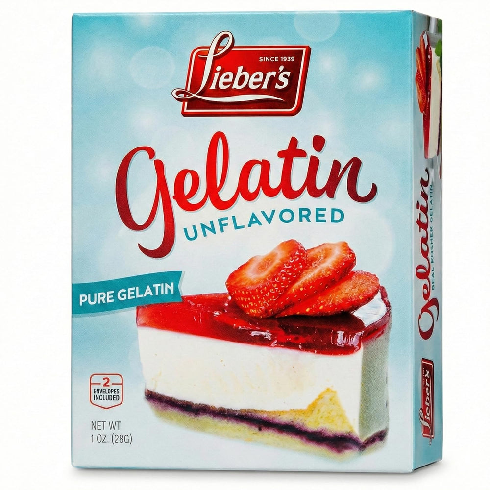 Our Lieber's unflavored gelatin powder box ready for versatile thickening