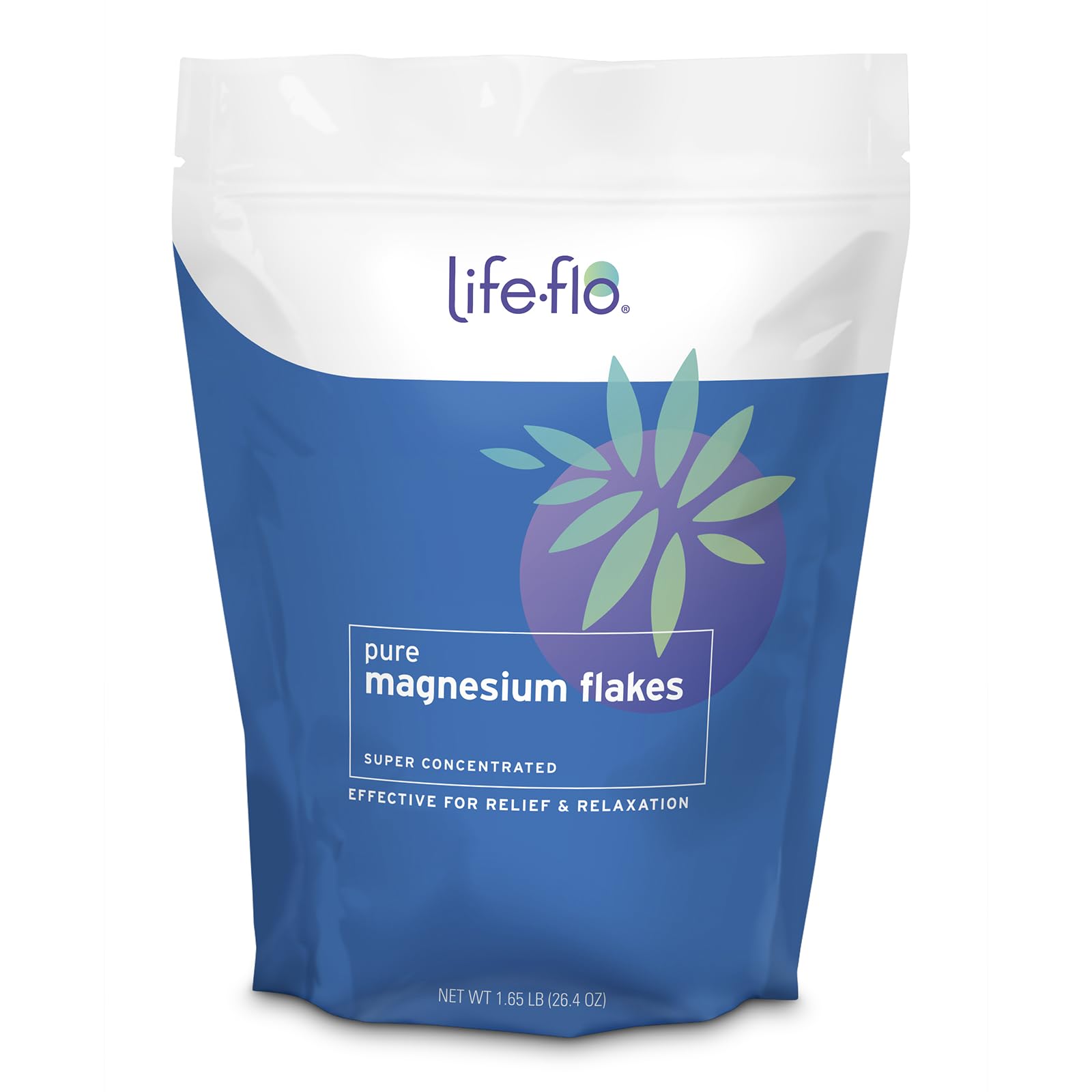 Life-flo Pure Magnesium Bath Flakes in a jar for spa like relaxation.