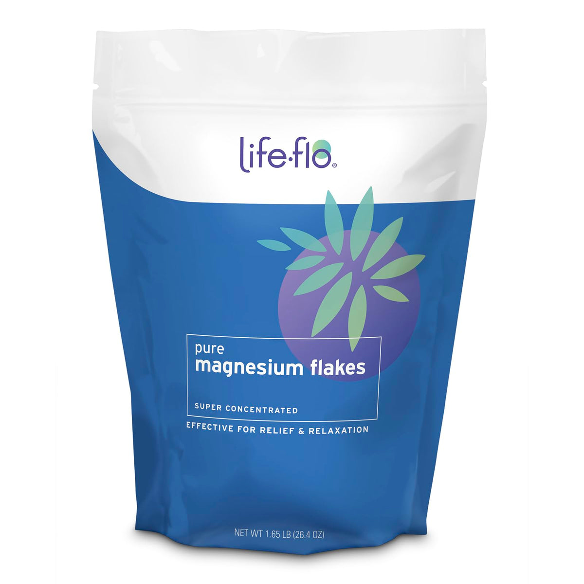 Life-flo Pure Magnesium Bath Flakes in a jar for spa like relaxation.