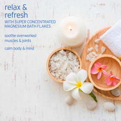 Life-flo Magnesium Bath Flakes pouring into tub for quick dissolution and calm soak.