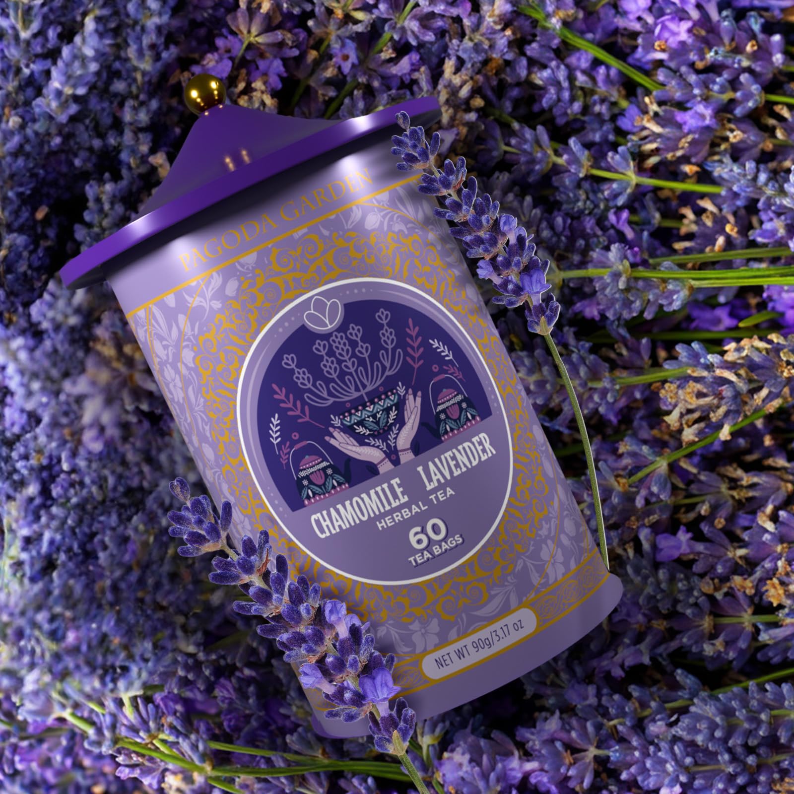 Life Plus Style Gourmet chamomile lavender tea bag closeup, pure ingredients for clean taste.