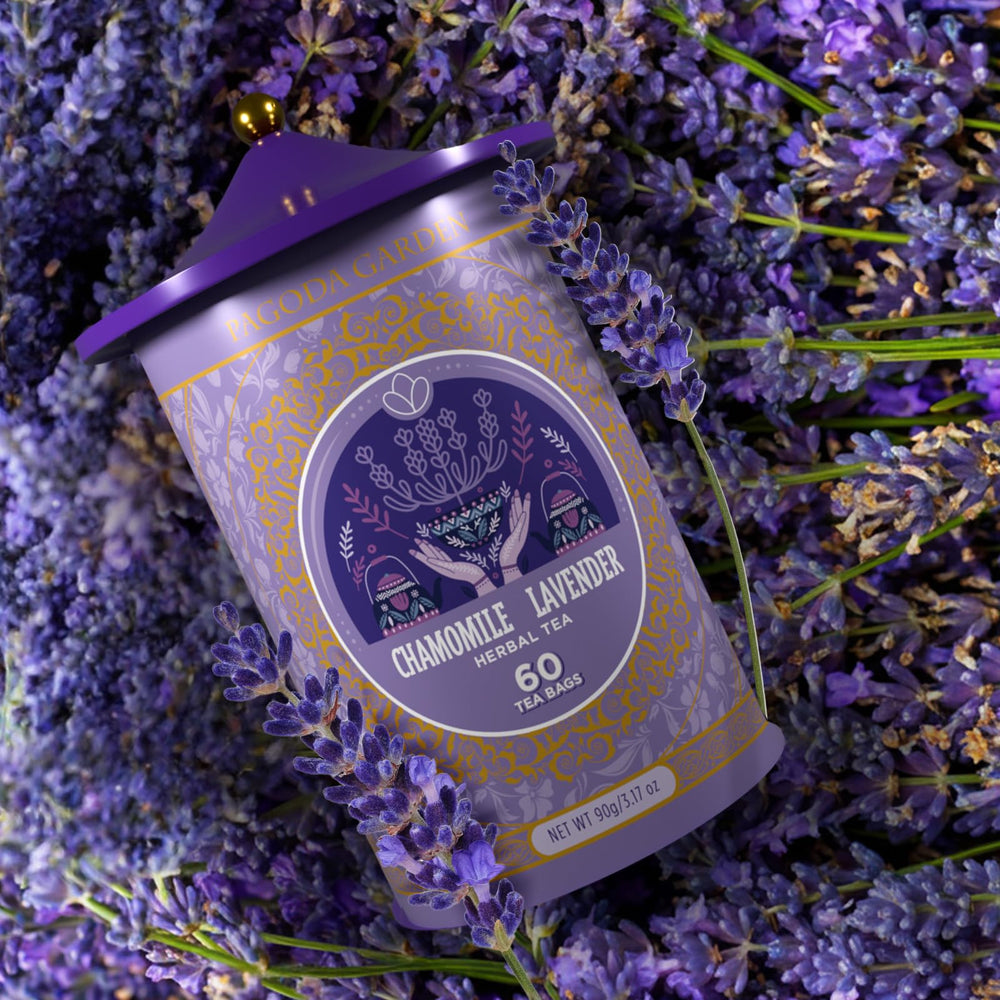 Life Plus Style Gourmet chamomile lavender tea bag closeup, pure ingredients for clean taste.