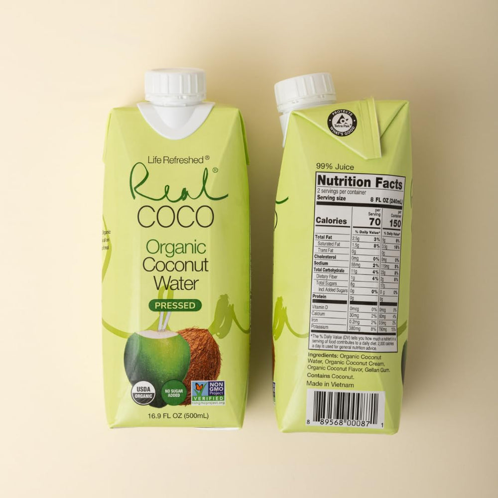 Life Refreshed Real Coco coconut water label showing USDA Organic certification