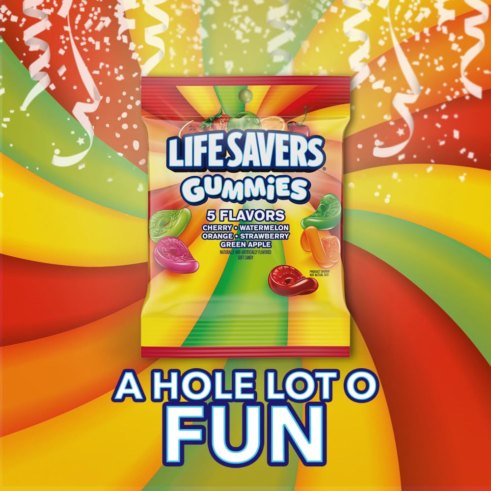 Life Savers Gummies orange flavor close-up, vibrant color for lunch bags