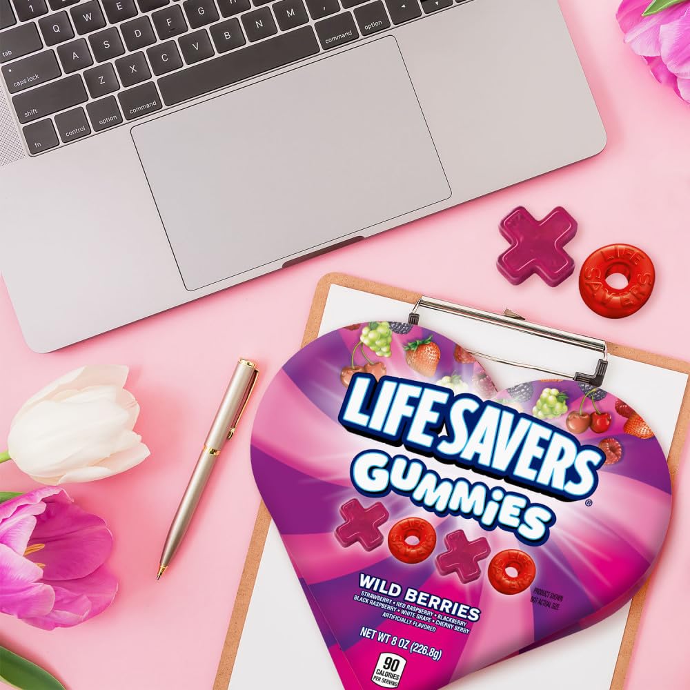Life Savers heart-shaped gummies close-up in vibrant colors.