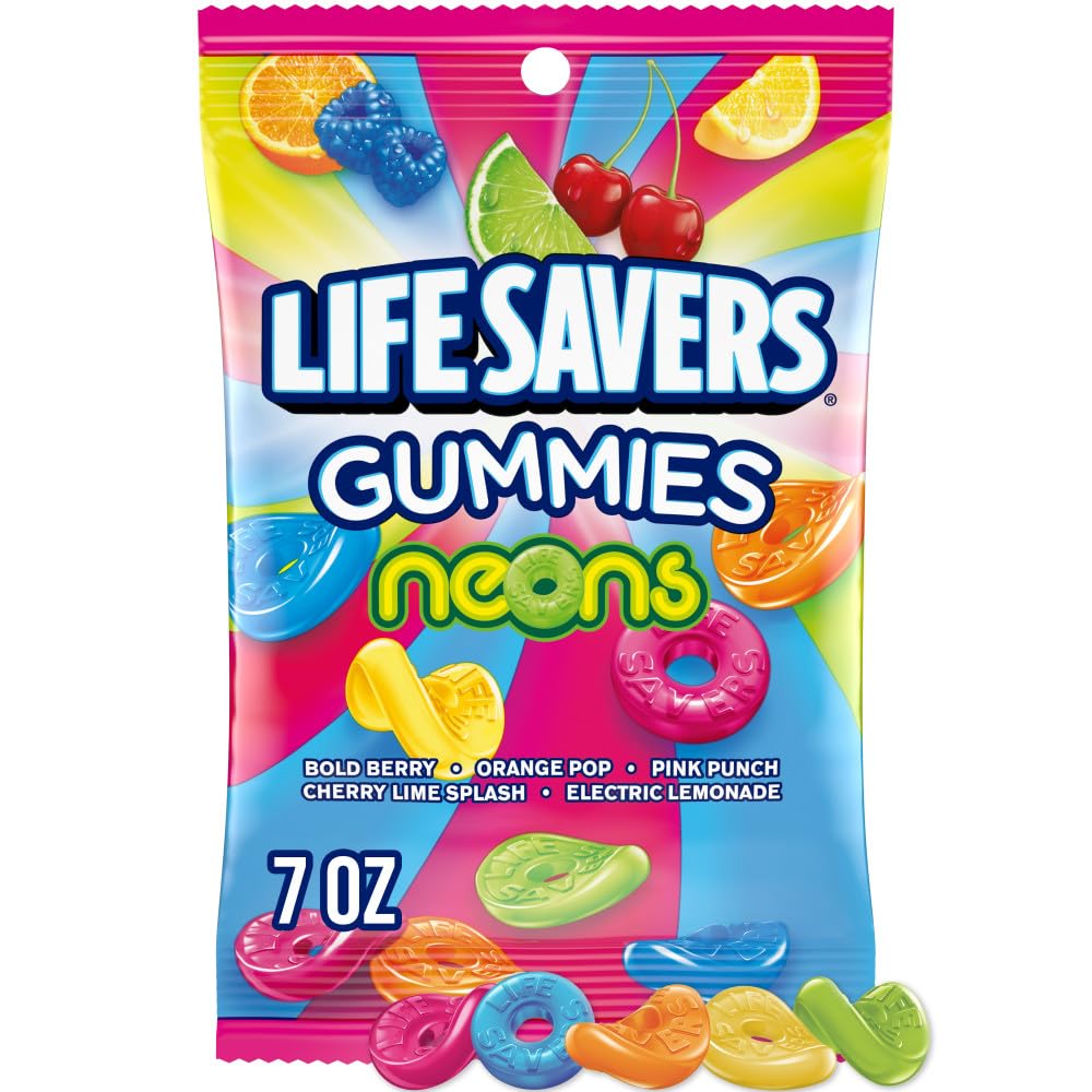 Life Savers Neons Gummies bag front showing colorful flavors for movie night.