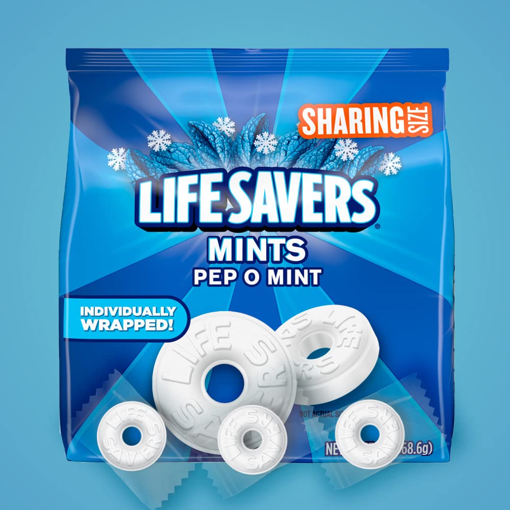 Life Savers Pep-O-Mint mints closeup, icy peppermint flavor and smooth surface