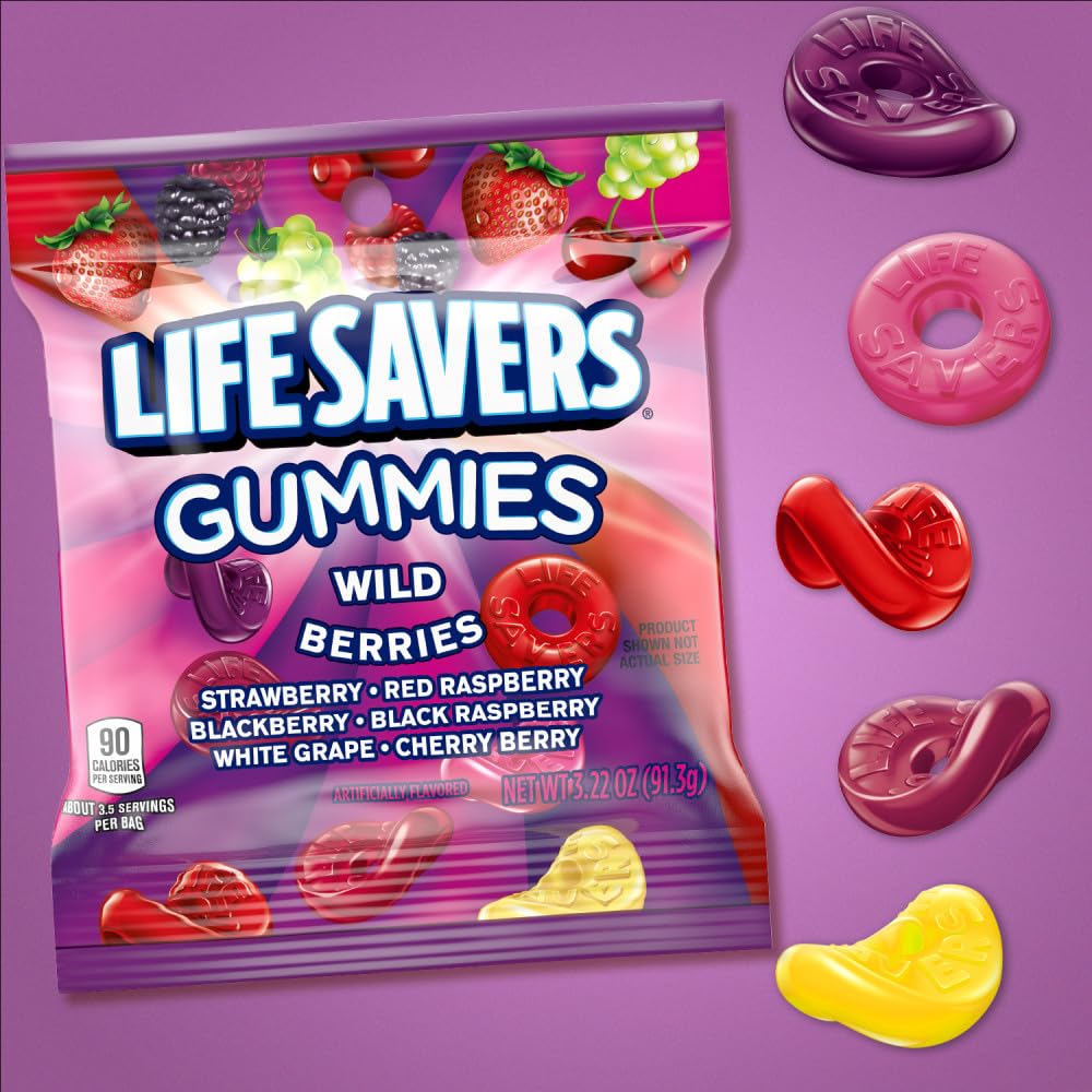 Life Savers Wild Berries gummy texture captured in soft, chewy bite.