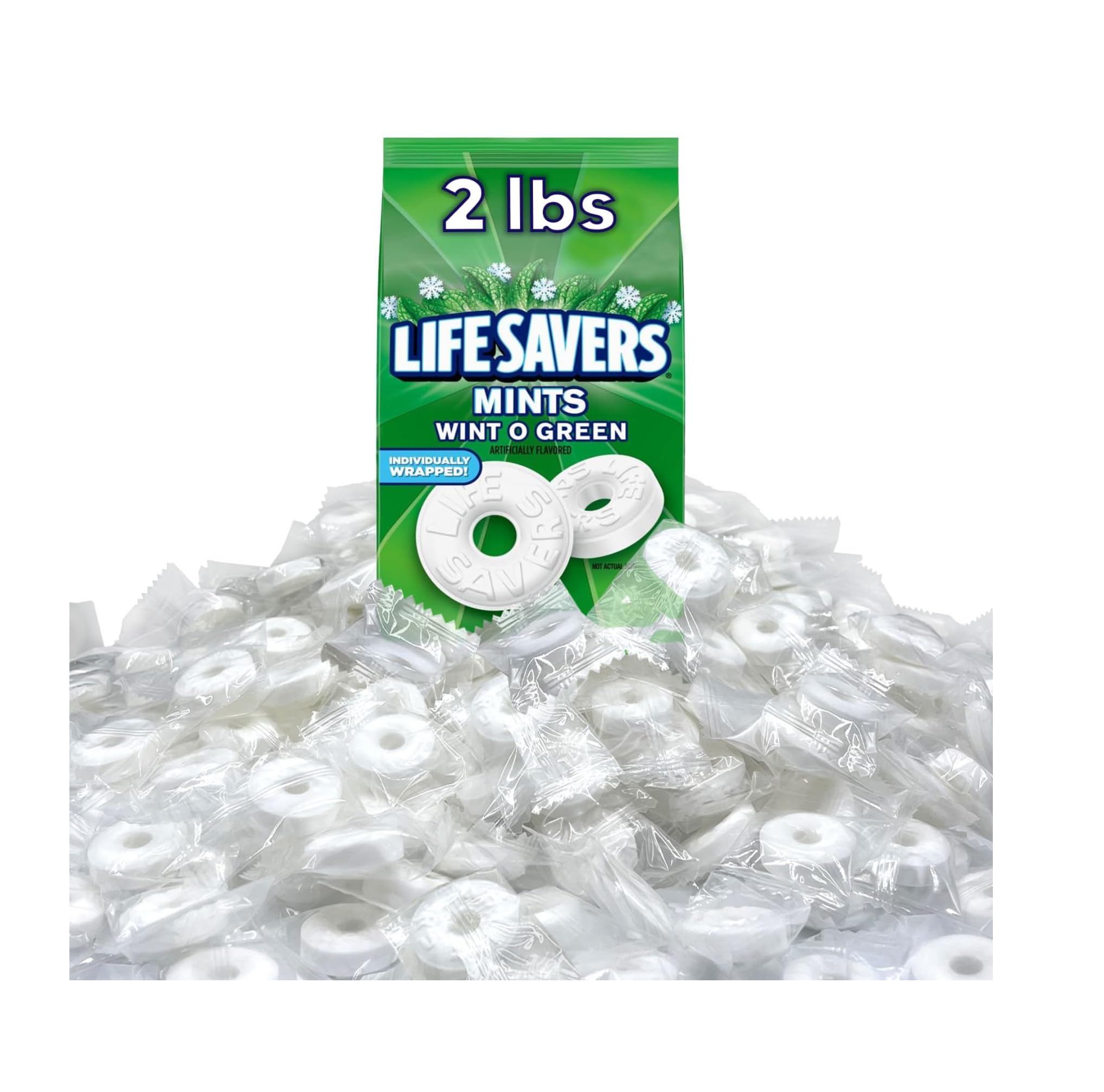 Life Savers Wint O Green mints 2lb bag, ideal for sharing at gatherings.