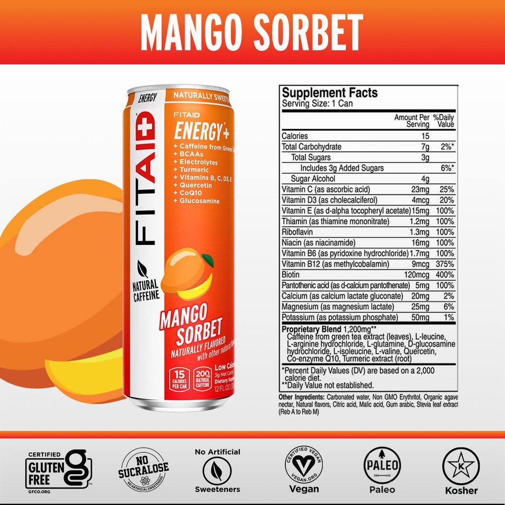 LIFEAID FITAID ENERGY can label closeup highlighting caffeine and recovery ingredients