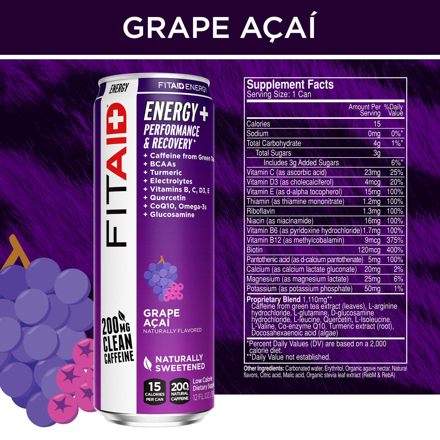 LIFEAID FITAID Energy Grapes Açai can side view, 200mg caffeine boost.