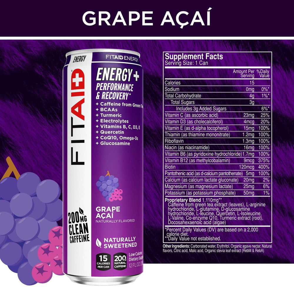 LIFEAID FITAID Energy Grapes Açai can side view, 200mg caffeine boost.