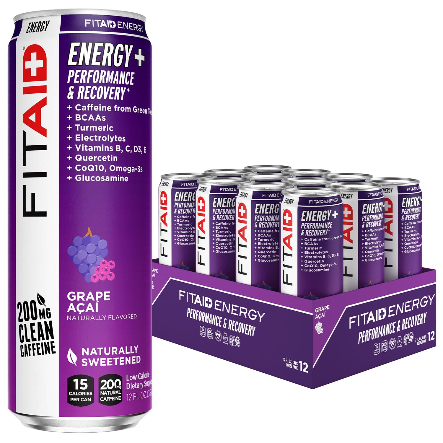 LIFEAID FITAID Energy Grapes Açai can front view, clean pre-workout energy.