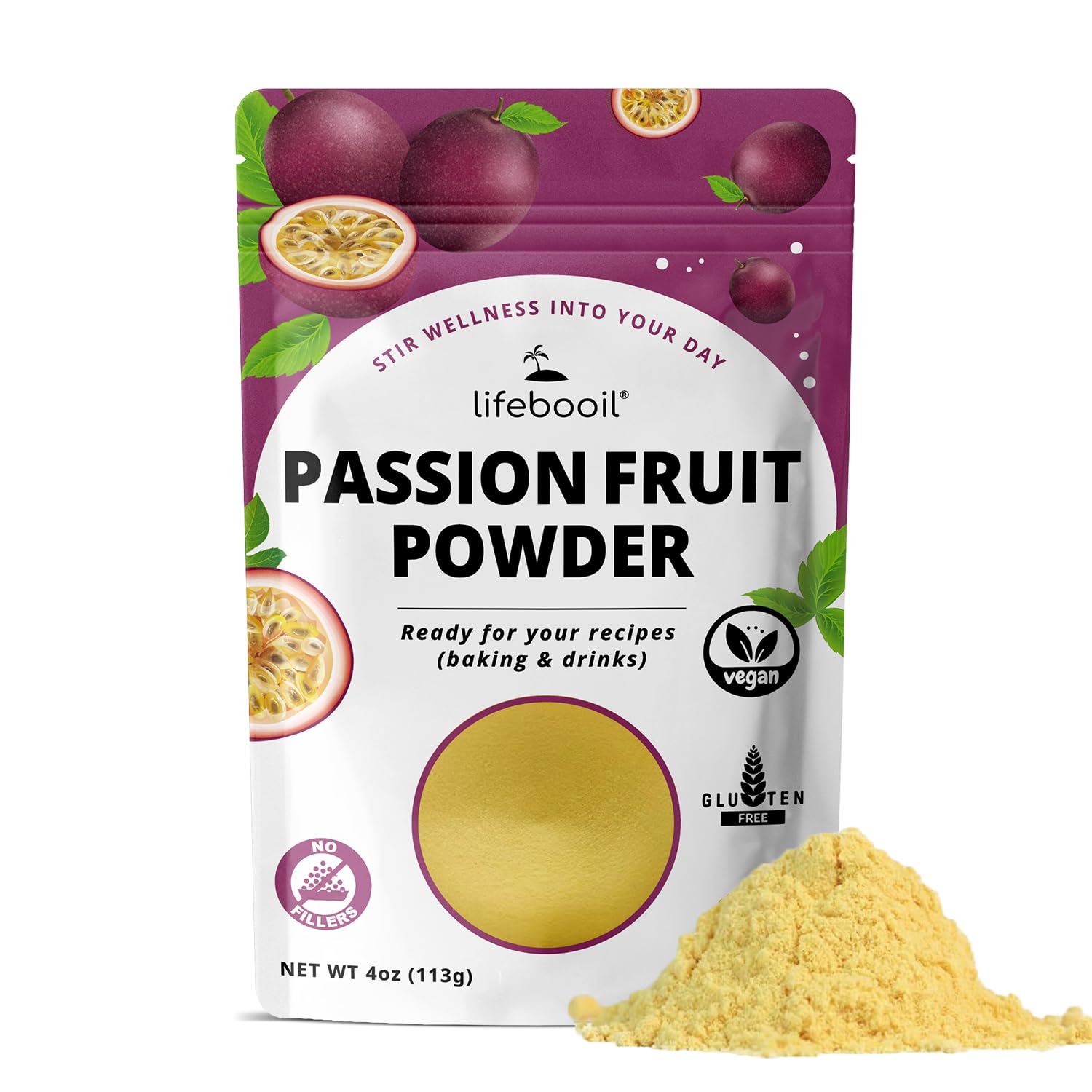 Lifebooil Passion Fruit Powder bottle shows vegan, gluten-free flavoring for baking.