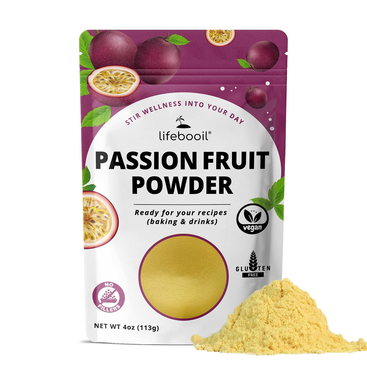 Lifebooil Passion Fruit Powder bottle shows vegan, gluten-free flavoring for baking.
