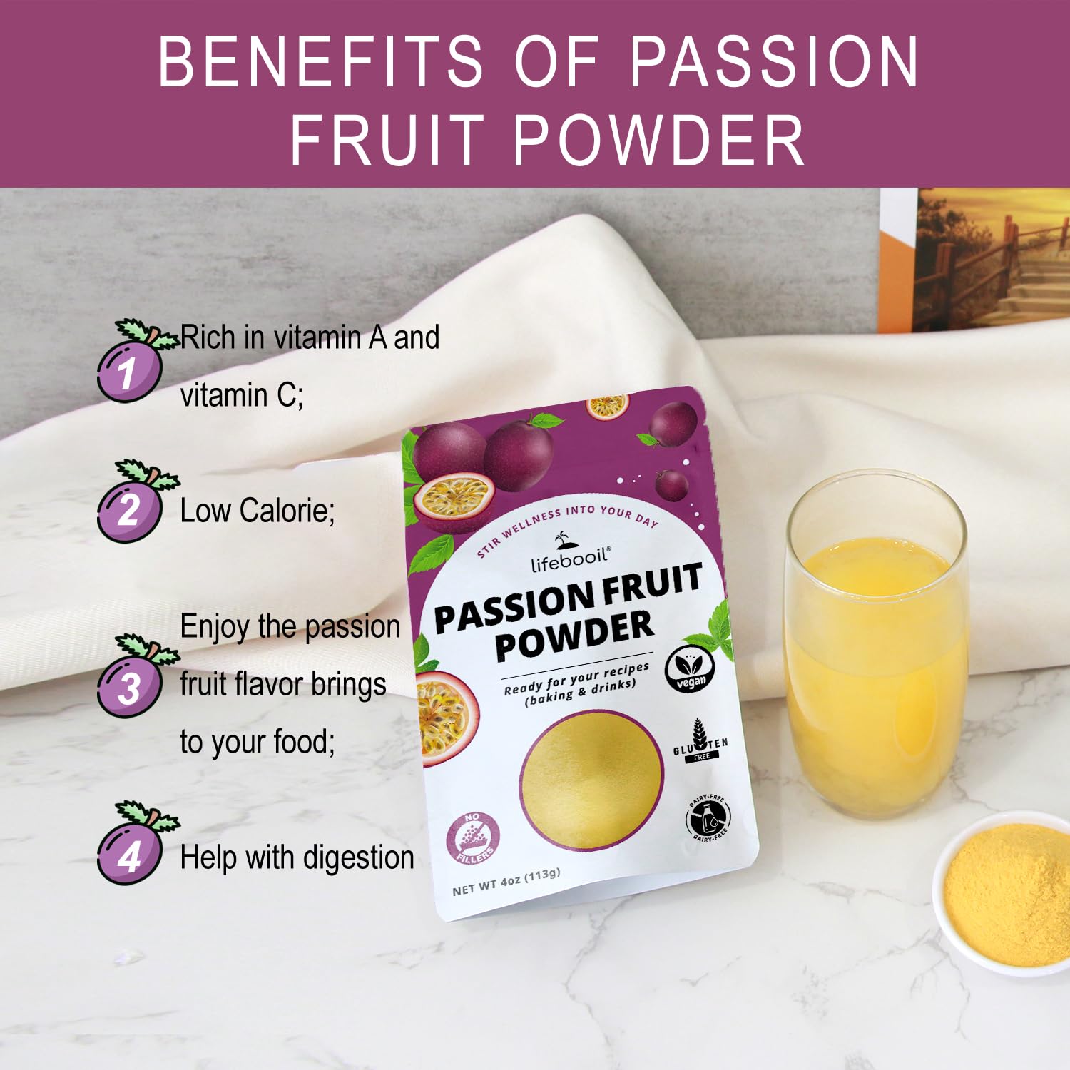 Lifebooil Passion Fruit Powder drops into bowl for batter or yogurt flavor.