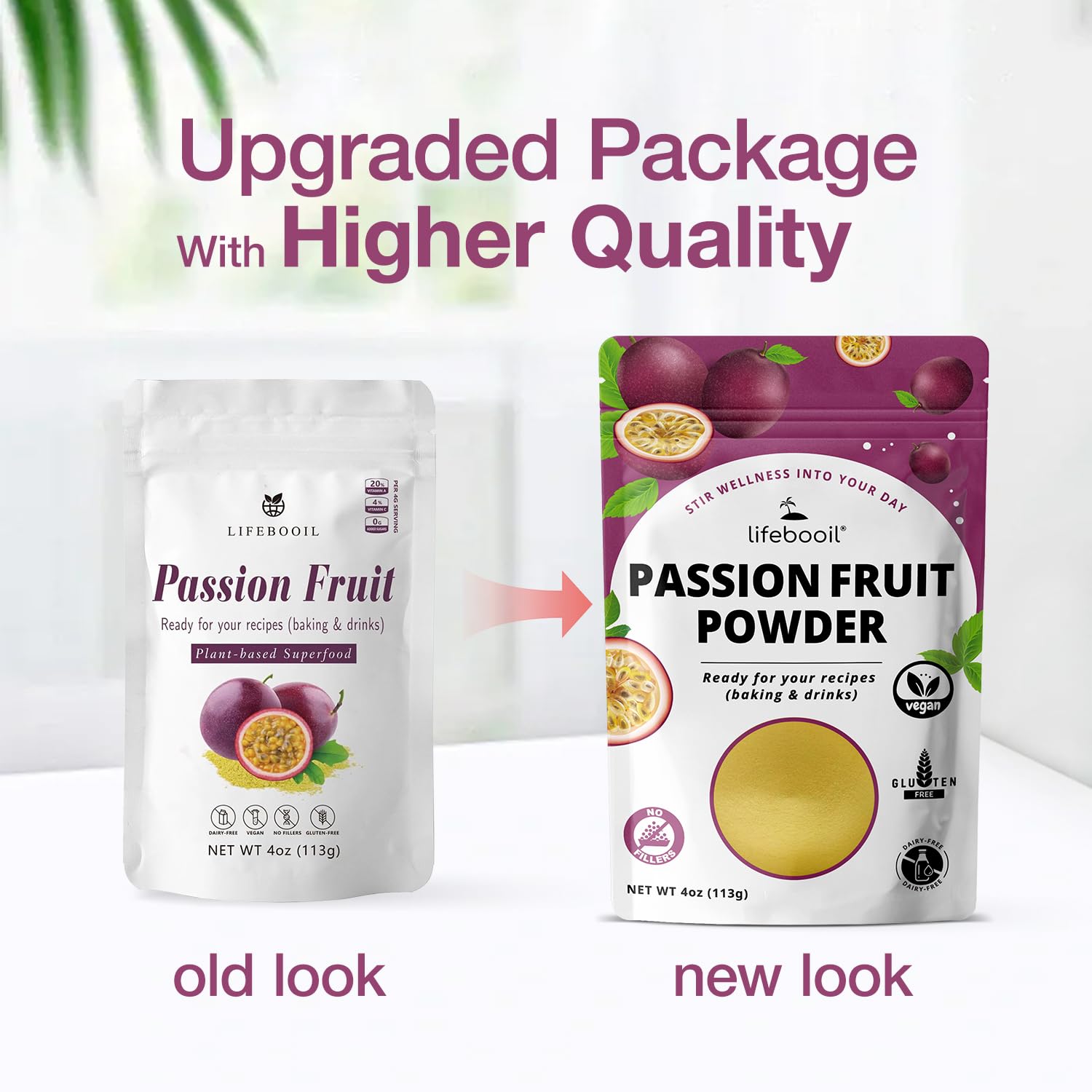 Lifebooil Passion Fruit Powder jar open with vibrant aroma for smoothies.