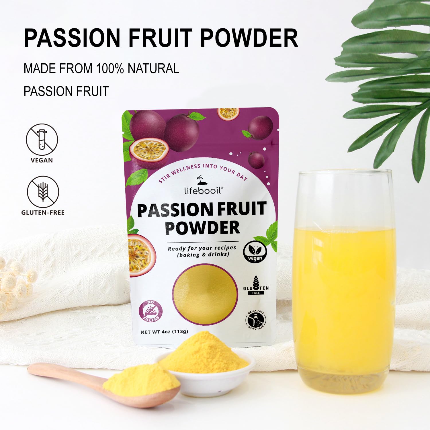 Lifebooil Passion Fruit Powder resealable bag preserves freshness for long-term use.