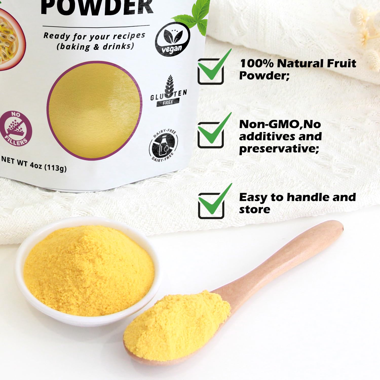 Lifebooil Passion Fruit Powder scoop dispensing for quick, measured recipes.