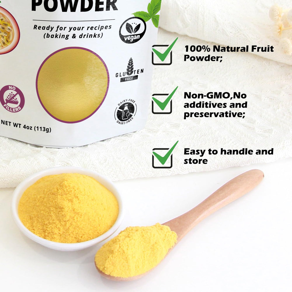 Lifebooil Passion Fruit Powder scoop dispensing for quick, measured recipes.