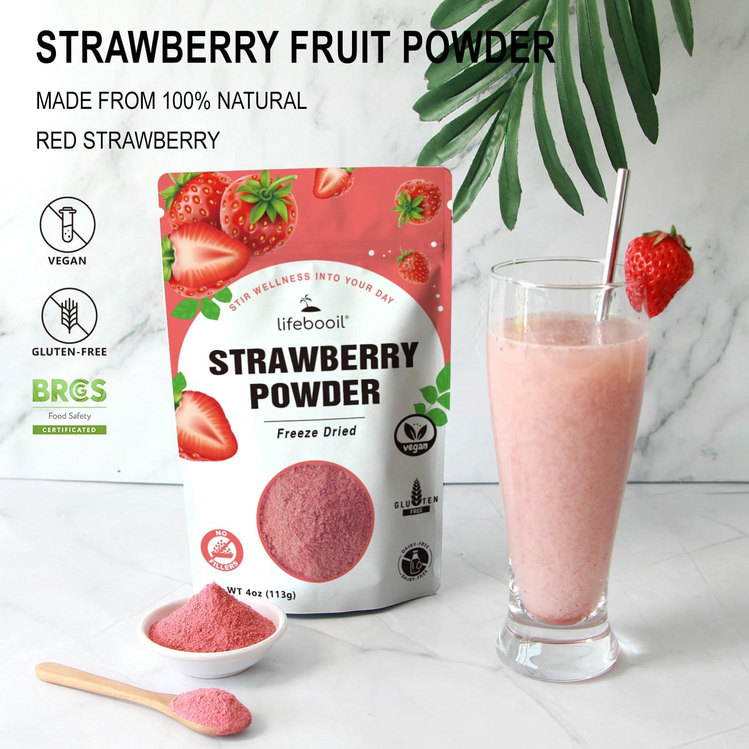Lifebooil strawberry powder closeup of ripe fruit shows natural source