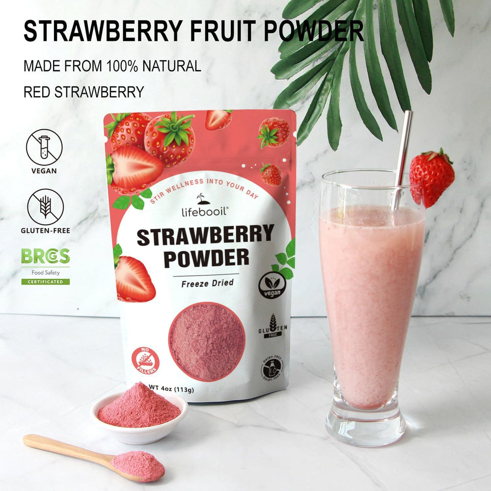 Lifebooil strawberry powder closeup of ripe fruit shows natural source