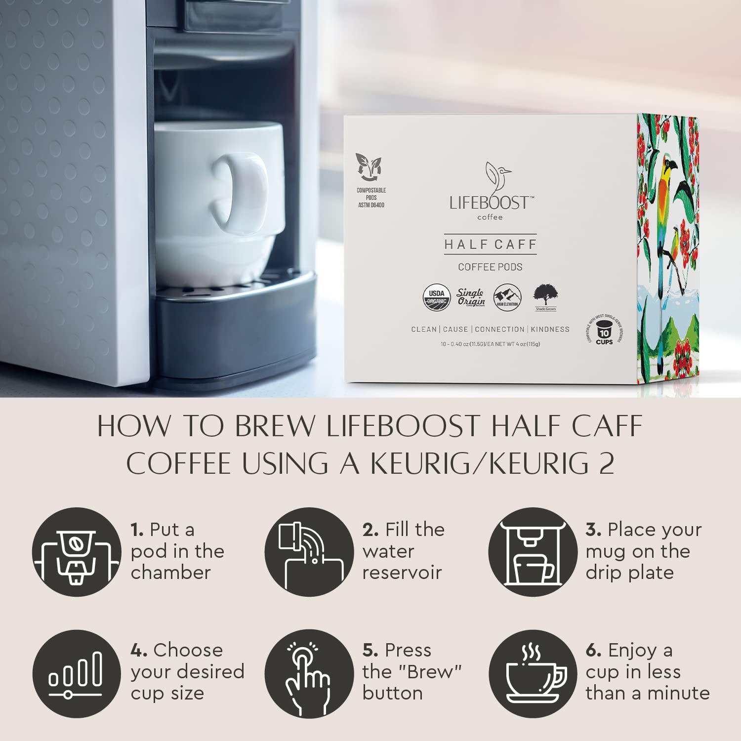 Lifeboost aroma close-up with steaming cup.