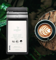 Lifeboost Half Caff aroma in a steaming cup signaling a rich flavor.