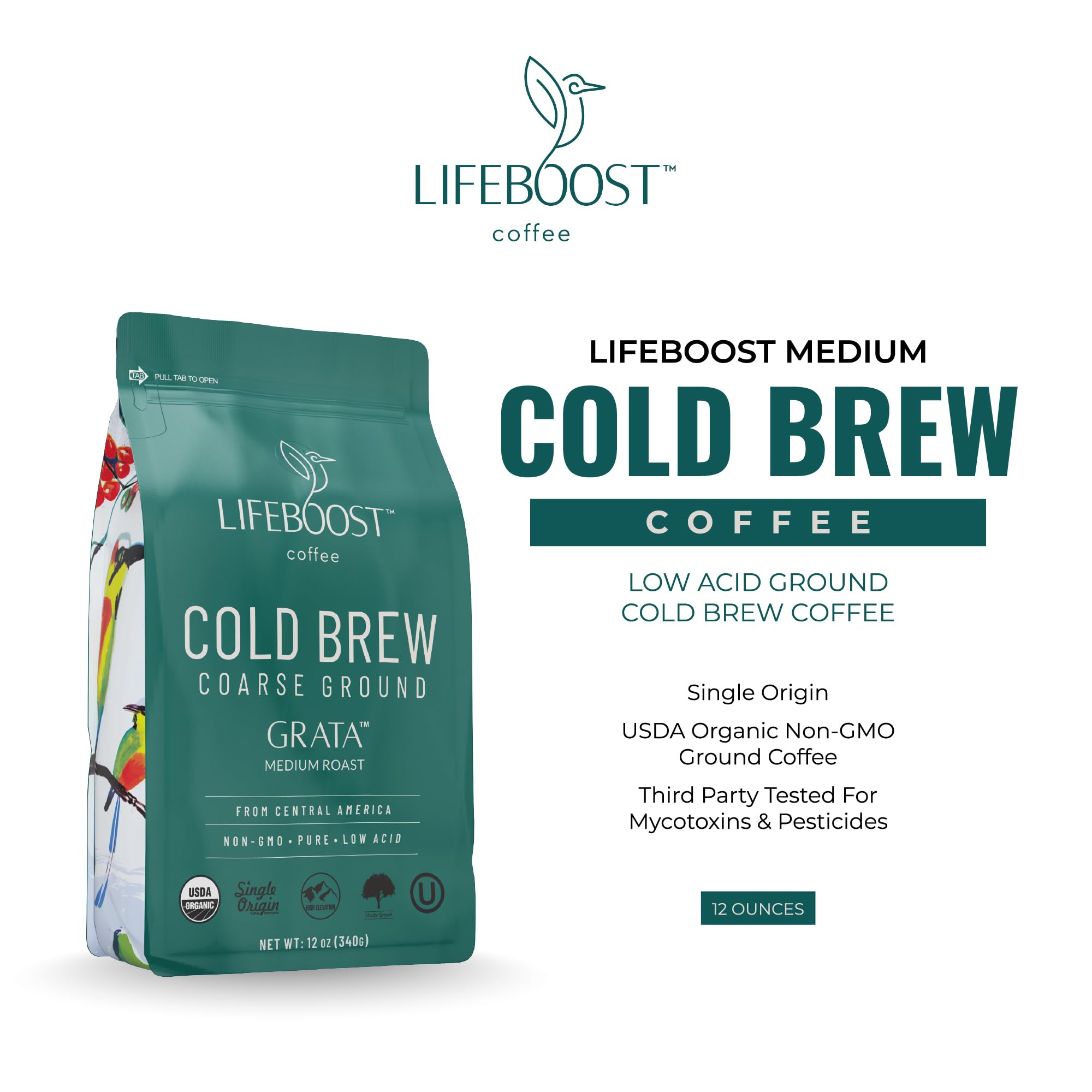 Lifeboost coarse-ground coffee in bag with scoop for easy cold brew prep