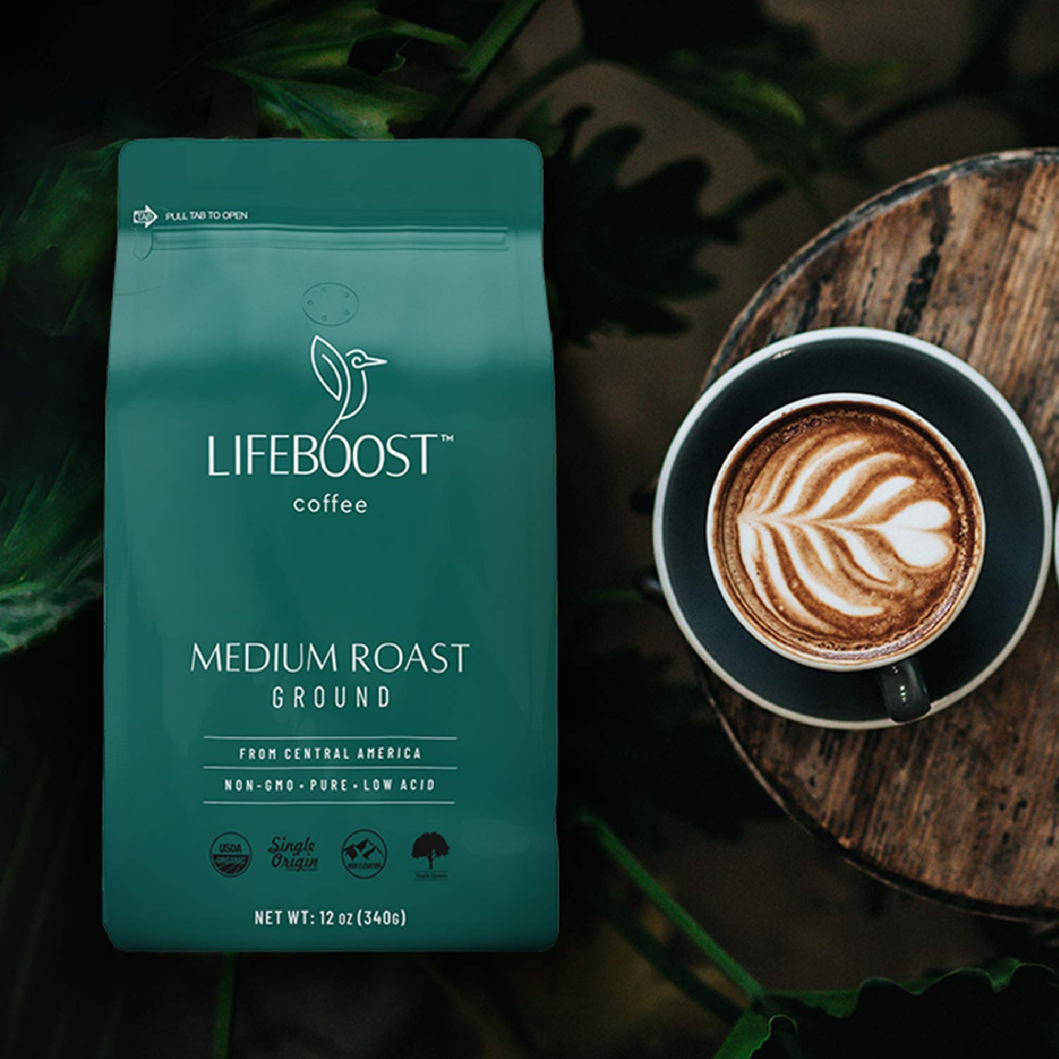 Lifeboost 3-pack medium roast bag close-up; low acidity profile.