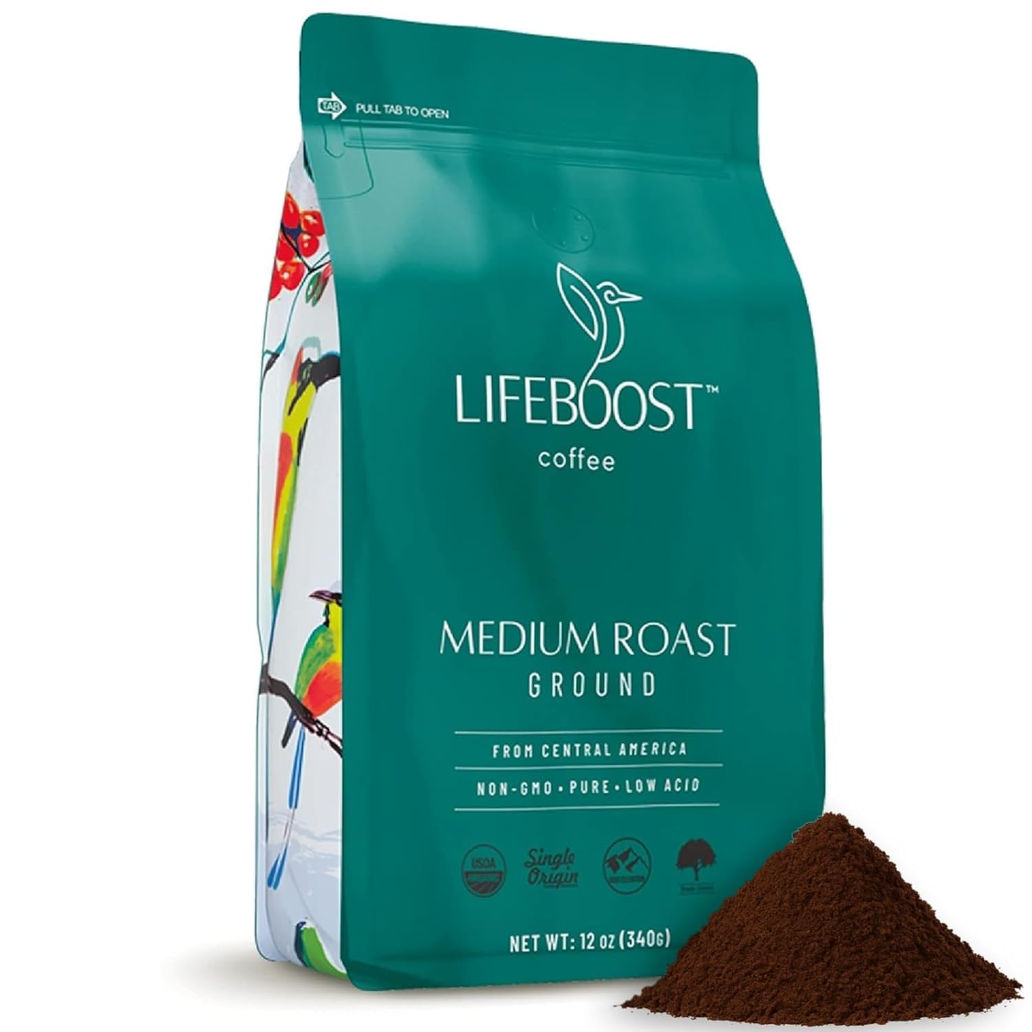 Lifeboost Ground Medium Roast pack shot highlighting organic, low-acid coffee