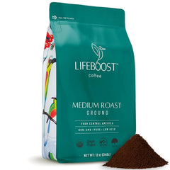 Lifeboost Ground Medium Roast pack shot highlighting organic, low-acid coffee