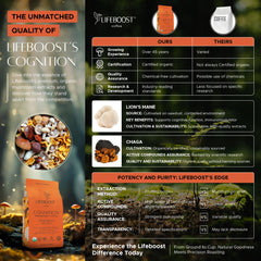 Lifeboost Cognition Chaga close-up suggests immune-supporting adaptogens in a smooth cup