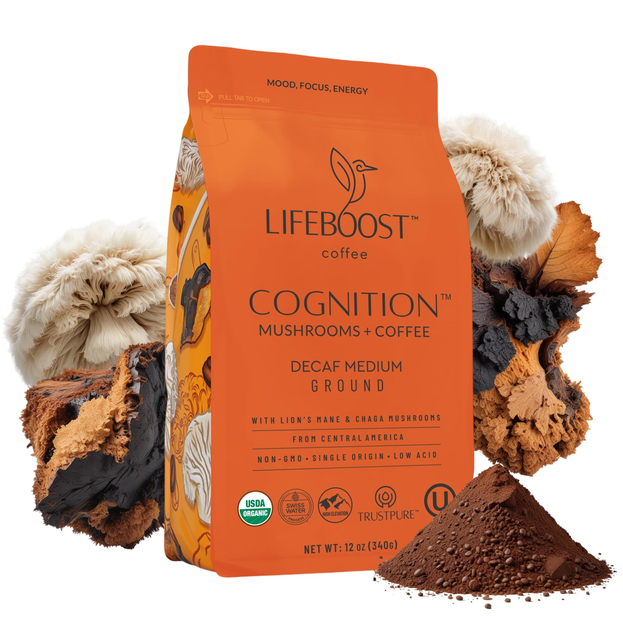 Lifeboost Cognition Decaf bag front shows low-acid organic coffee for gentle mornings