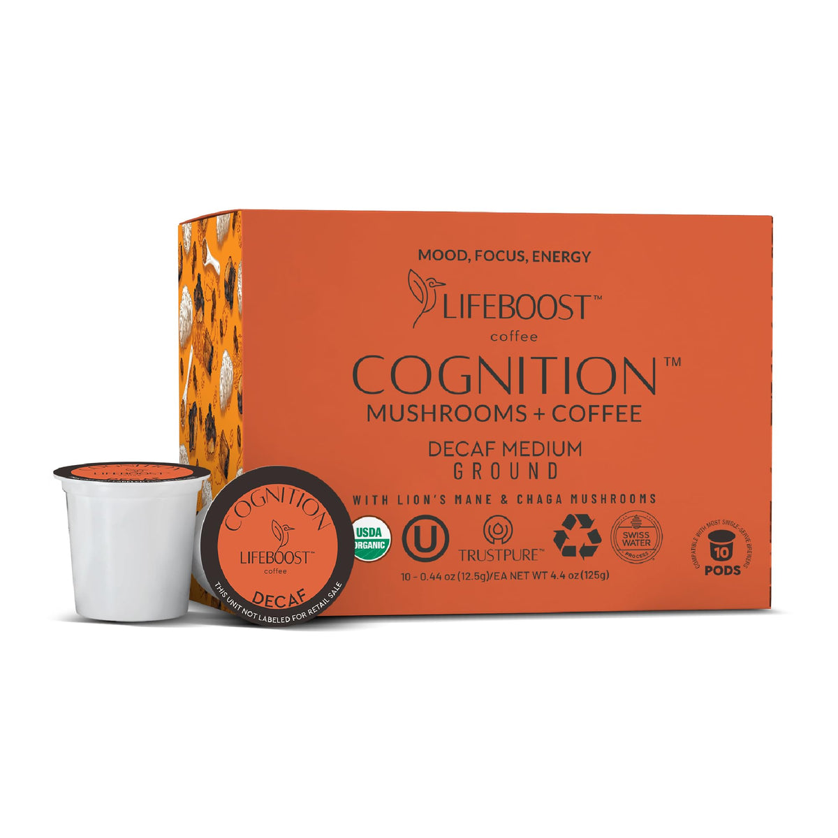 Lifeboost Cognition decaf mushroom coffee box showing organic low-acid formula for smooth mornings.