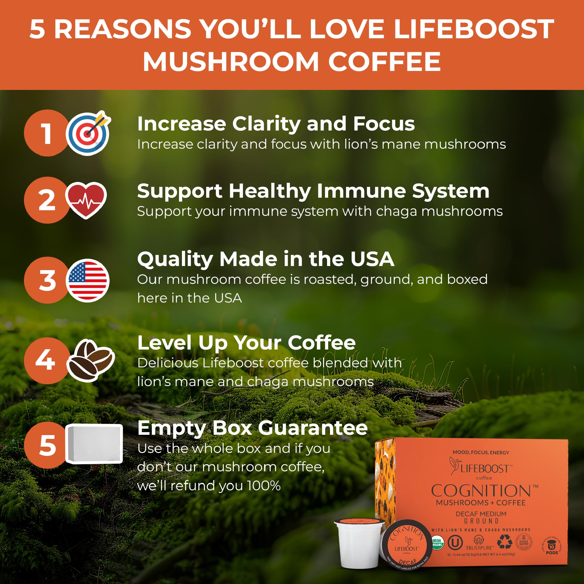 Lifeboost Cognition decaf mushroom pod closeup emphasizing convenient single-use pod.