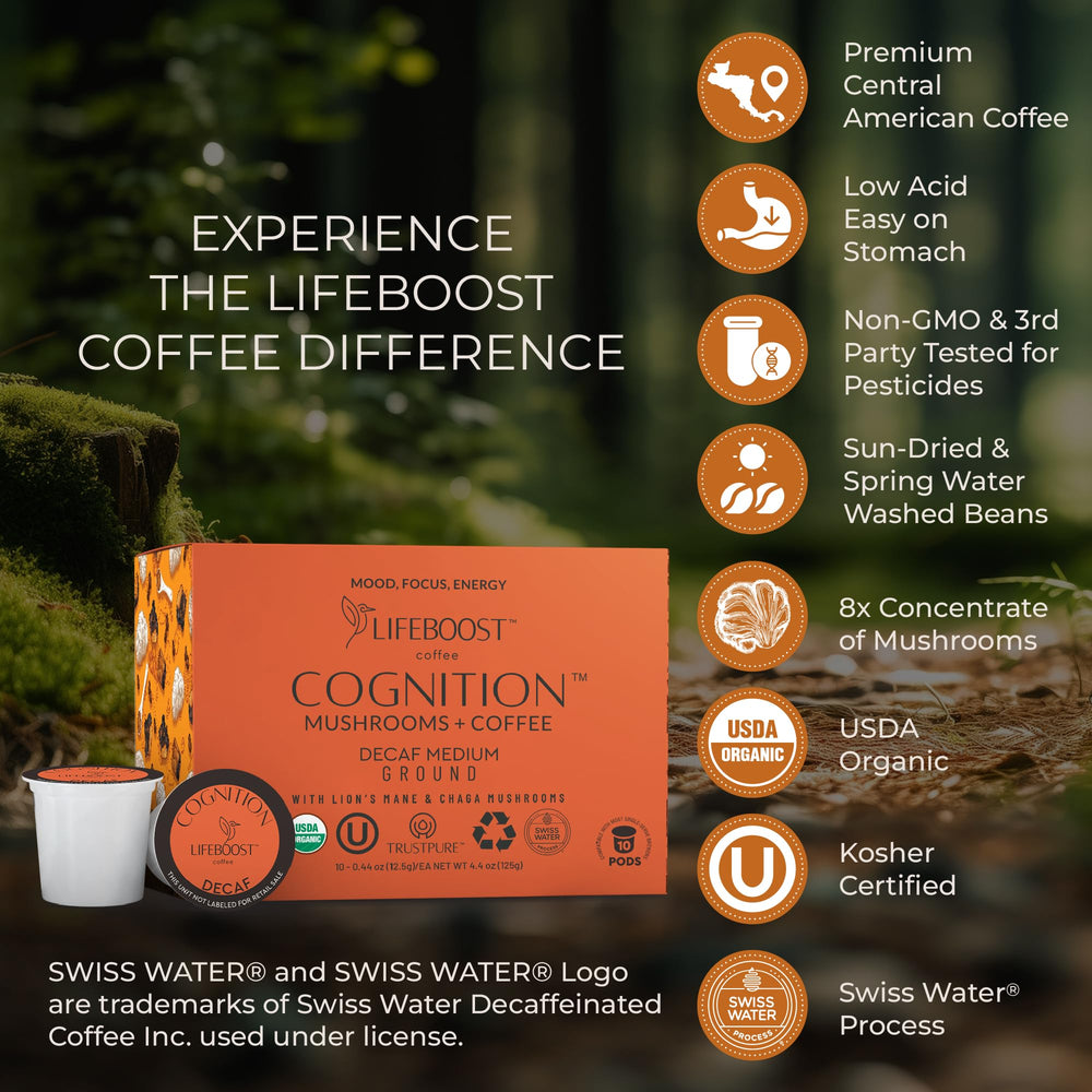 Lifeboost Cognition low-acid coffee cup showing smooth digestion-friendly taste.
