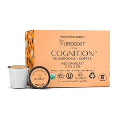 LIFEBOOST Cognition mushroom coffee pod in box, smooth low-acid brew for focused mornings.