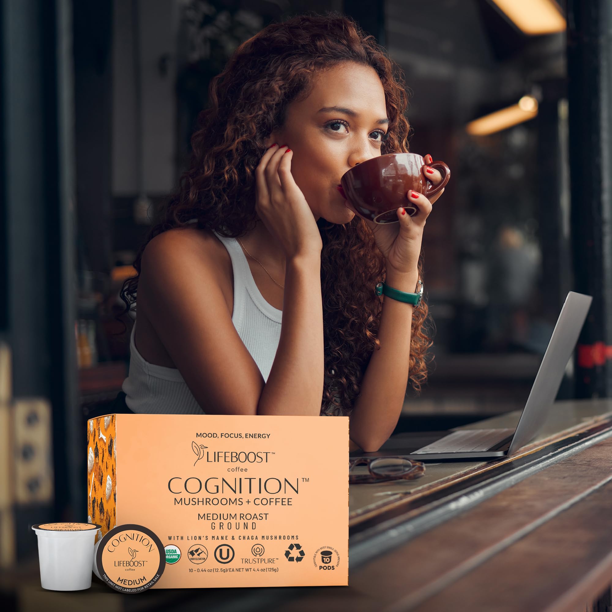 Kept pod inserted into a Keurig brewer, LIFEBOOST Cognition ready to brew.