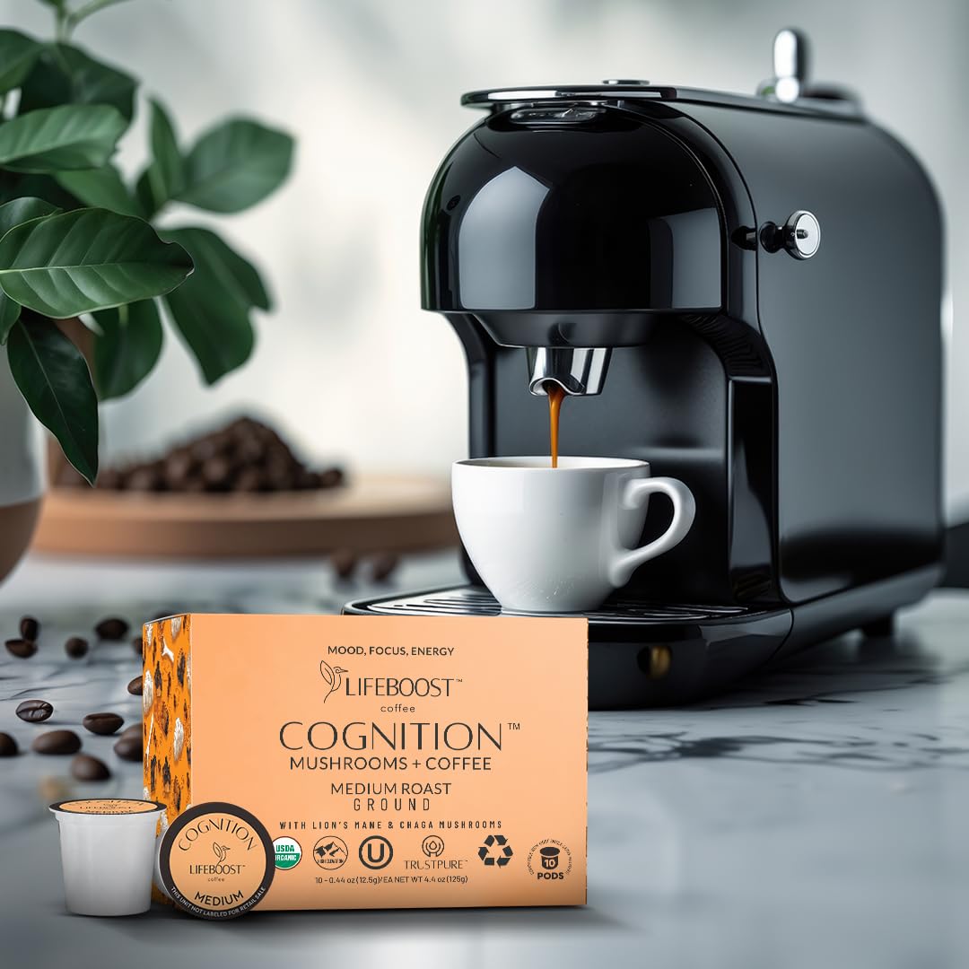 Steaming LIFEBOOST Cognition coffee cup showing steady energy and clarity.
