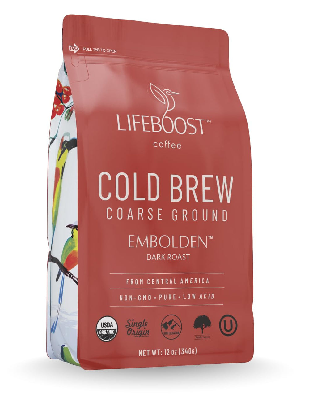 Lifeboost Dark Cold Brew coffee bag showing organic, single-origin quality.